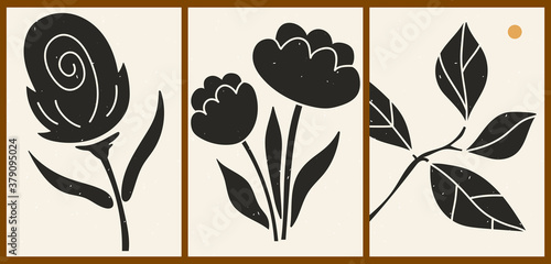 Set of three abstract minimalistic aesthetic backgrounds with sun  thin lines  shapes  flowers  leaves. Trendy colorful vector illustration for social networks  web design in vintage boho style.