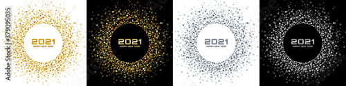 New Year 2021 night background party set. Greeting cards. Gold glitter paper confetti. Glistening silver festive lights. Glowing circle frame happy new year wishes. Christmas gold collection. Vector
