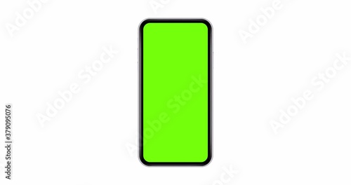 Smartphone with green screen isolated on white background. 4K animation with mobile phone mockup and motion zoom effect