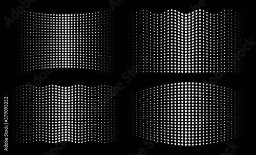 White halftone wavy distorted gradient circle dots backgrounds set. Horizontal distort waved templates using halftone dots pattern. Vector illustration.