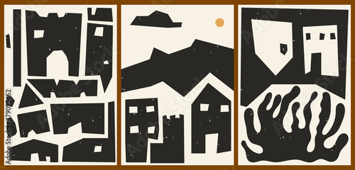 Set of three abstract minimalistic aesthetic backgrounds with sun, thin lines, shapes, houses, city. Trendy colorful vector illustration for social networks, web design in vintage boho style.