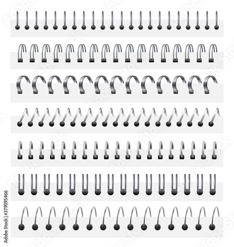 Notebook iron spiral. Metal ring spring, bind calendar mockup and binding notebooks spirals. Vector set