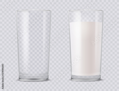 Full and empty milk glasses. Transparent realistic vector illustration.