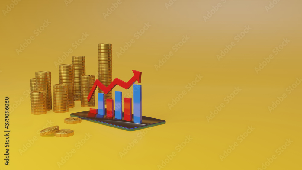 Fototapeta premium 3D Rendering of Investment and Financial Management with Smart Phone 5g High-speed Internet on Orange Background, Business and Finance Concept.