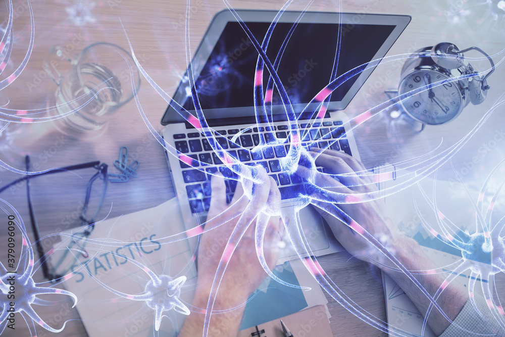 Neuron hologram with man working on computer on background. Education concept. Double exposure. Neuron hologram with man working on computer on background. Education concept. Double exposure.