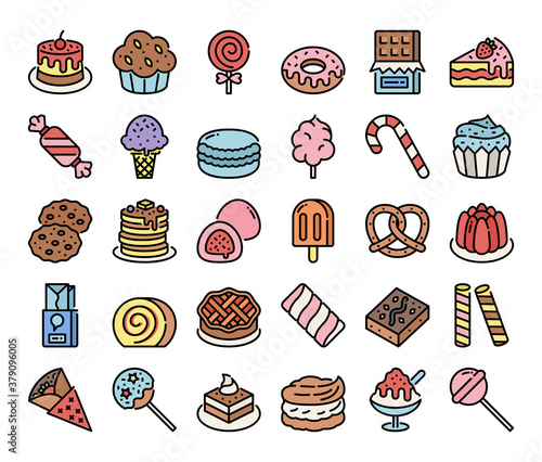 sweet and dessert color outline vector icons