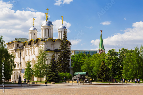 View of the Patriarchal Palace , the Church of the Twelve Apostles and Tsar cannon from the Ivanovo square, Moscow Kremlin, Russia