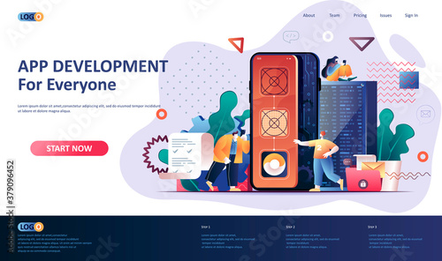 App development flat landing page template. Mobile application design, prototyping and programming web banner. Software engineering and full stack development. Web page vector illustration.