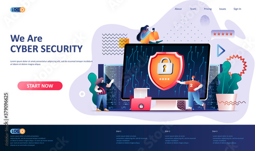 Cyber security flat landing page template. Firewall software, password identification and privacy web banner. Cybersecurity consultation, digital safety 3d composition. Web page vector illustration.