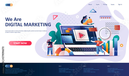 Digital marketing flat landing page template. Social media marketing, online consultation and strategy planning service web banner. Digital marketing 3d composition. Web page vector illustration.