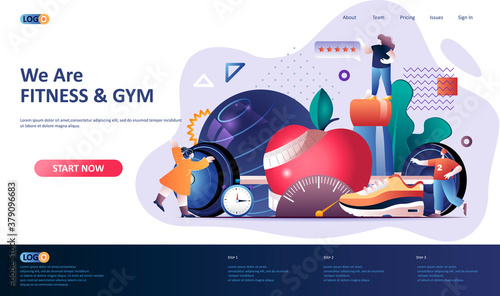 Fitness flat landing page template. Fitness center web banner. Healthy lifestyle and natural food, fitness motivation, sport equipment 3d composition, fit training. Web page vector illustration.