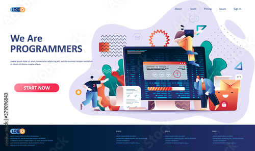 Programming software flat landing page template. Full stack software development, engineering, programming and testing web banner. 3d composition, outsourcing company. Web page vector illustration.