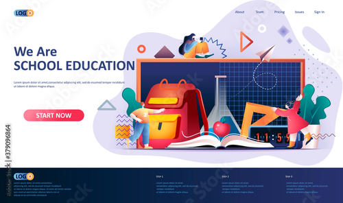 School education flat landing page template. Elementary schools education web banner. Shopping school supplies, backpack and textbook 3d composition. Web page vector illustration.