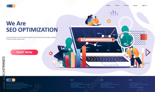 SEO optimization flat landing page template. Internet analytics, online research software web banner. Website content optimization for relevant searches 3d composition. Web page vector illustration.