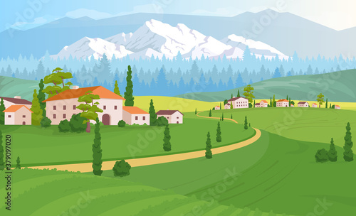 Rural dwelling scenery flat color vector illustration. Tuscany land near forest. Buildings near woods. Rocky mountains line beside houses. 2D cartoon landscape with nature on background