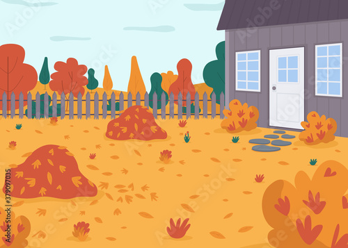 Autumnal backyard flat color vector illustration. Seasonal piles of leaves in house yard. Countryside garden. Seasonal weather. Rural living. Fall 2D cartoon landscape with trees on background