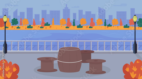 Urban picnic area flat color vector illustration. Counter on street. Sidewalk near water. Table and chair for evening entertainment in city. Fall 2D cartoon cityscape with skyline on background