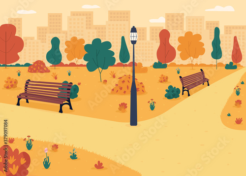 Fall park sidewalks flat color vector illustration. Roads near lawn with flowers. Seasonal weather in city. Benches near road. Autumn garden 2D cartoon landscape with skyline on background