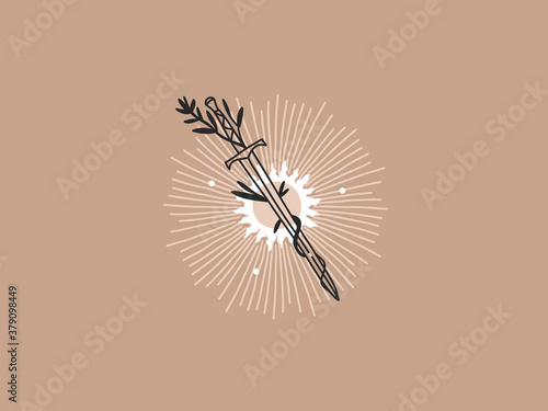 Hand drawn vector abstract stock flat graphic illustration with contemporary aesthetic logo elements,sun,sword and arch, magic line art in simple style for branding ,isolated on white background