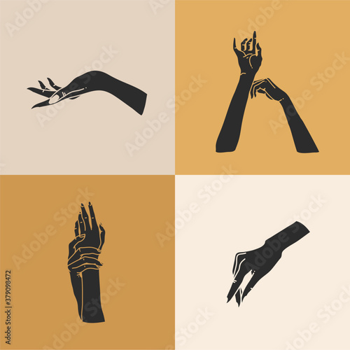 Hand drawn vector abstract stock flat graphic illustration with logo elements set,human hands silhouettes, line,magic art in simple style for branding,isolated on color background