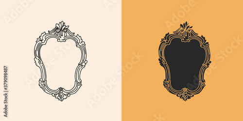 Hand drawn vector abstract stock flat graphic illustration with logo elements set,mirror frame in victorian style and silhouette,magic art in simple style for branding,isolated on color background