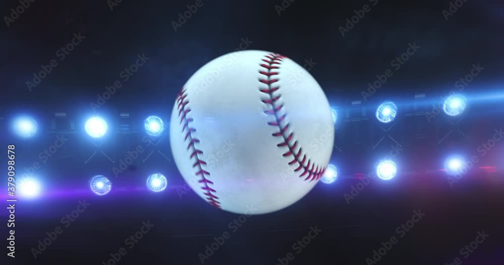 Flying baseball ball with flashing stadium spotlights in the night. Rotating sport ball. Sport 4k video background in endless loop. Flying baseball ball with flashing stadium spotlights in the night. Rotating sport ball. Sport 4k video background in endless loop.