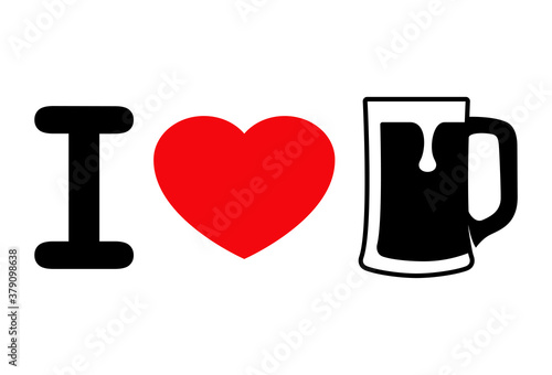 I love beer. Logotipo letra I con corazón y jarra de cerveza vintage con espuma en rojo y negro