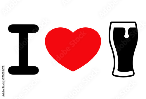 I love beer. Logotipo letra I con corazón y vaso de cerveza vintage con espuma en rojo y negro