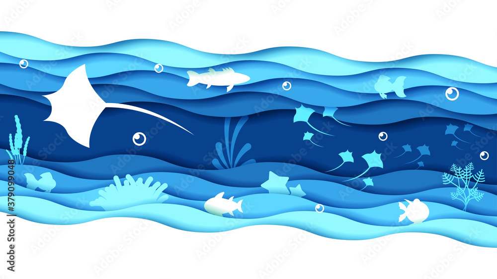 Abstract Paper Cut Slope Fish Swim On Water White Background Vector Design Style Abstract Paper Cut Slope Fish Swim On Water White Background Vector Design Style