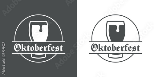 Pinta de cerveza. Logotipo vaso de cerveza vintage con espuma en círculo con texto Oktoberfest en fondo gris y fondo blanco