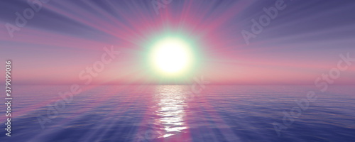 sunset sea sun ray clear sky. 3d rendering