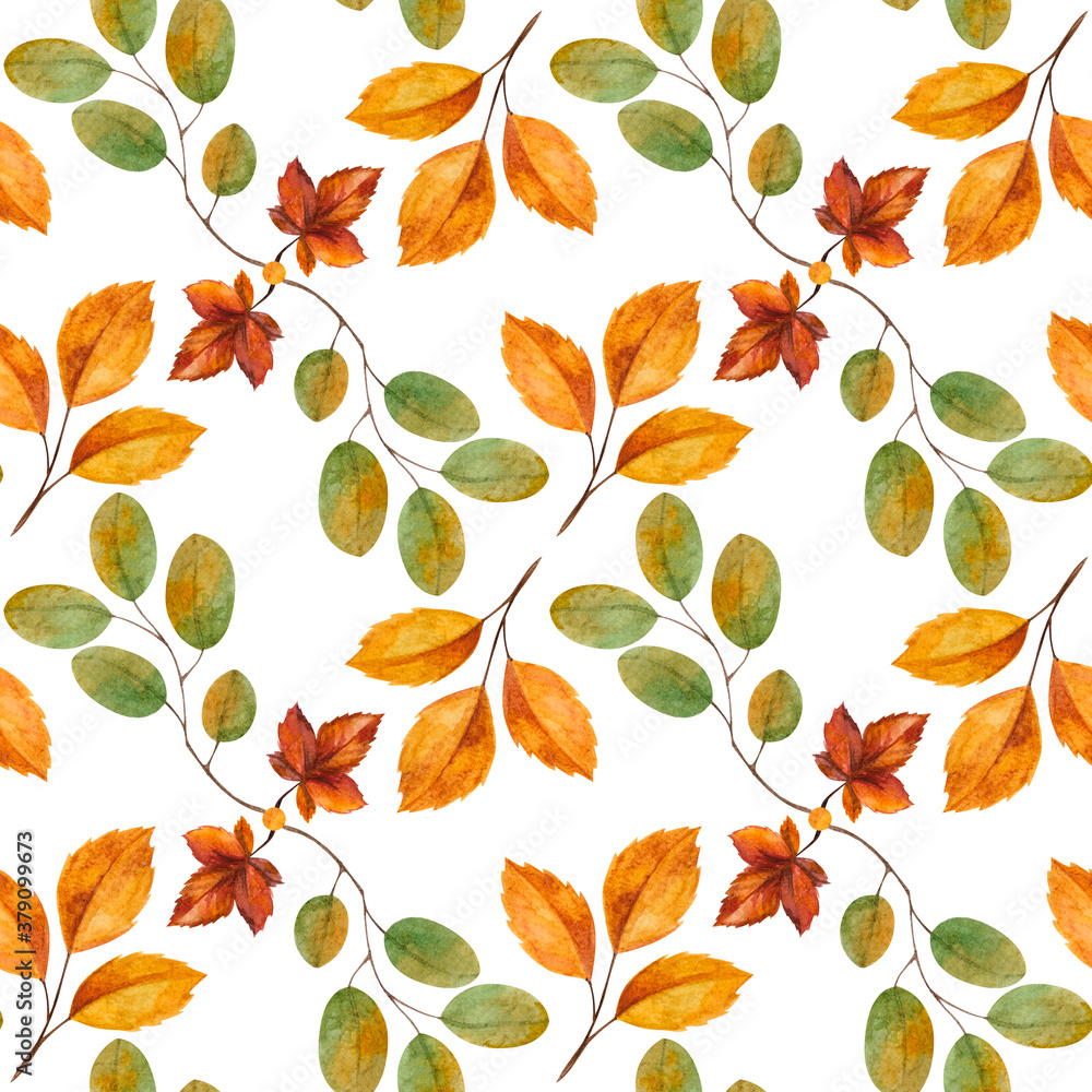 Autumn warm bright watercolor seamless pattern with items of comfort food coffee cocoa pumpkin apple menu cinnamon fallen leaves Autumn warm bright watercolor seamless pattern with items of comfort food coffee cocoa pumpkin apple menu cinnamon fallen leaves