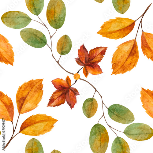 Autumn warm bright watercolor seamless pattern with items of comfort food coffee cocoa pumpkin apple menu cinnamon fallen leaves