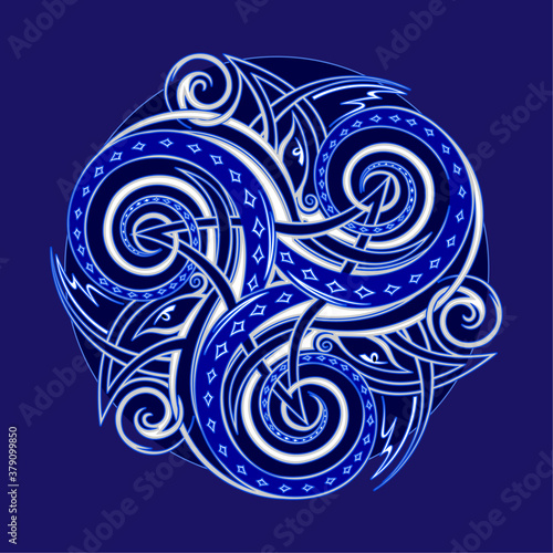Fantasy ornament with Celtic disk and Triskele symbol. Breton folk ethnic sign. Print for logo, icon, fabric, embroidery, decoration. Geometric circle triple spiral.
