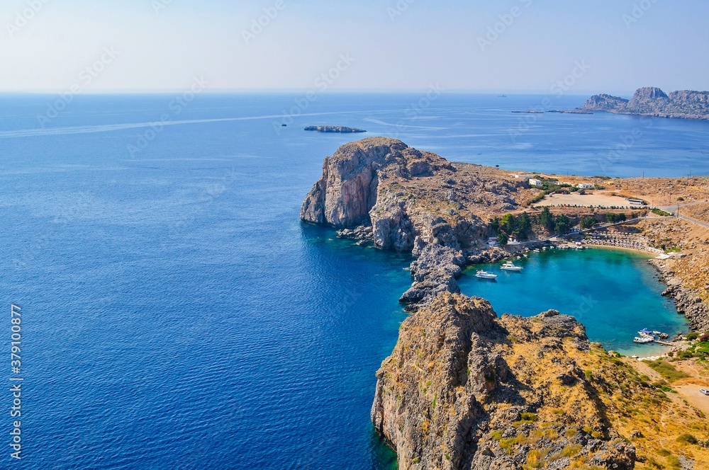 Bay of St. Paul. View from the acropolis of the city of Lindos. Rhodes Island, Greece