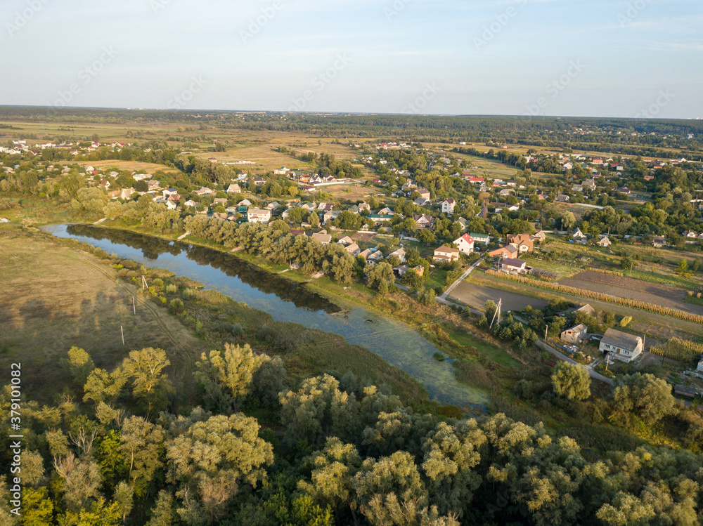 Summer countryside landscape, aerial drone view.