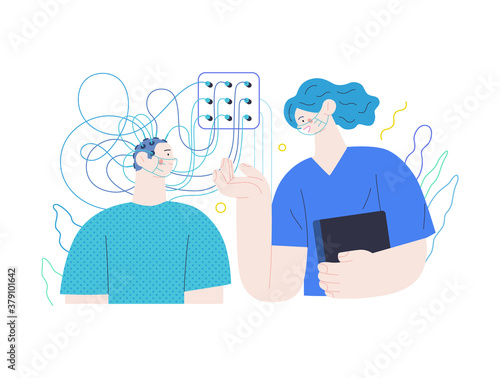 Medical tests illustration - EEG - electroencephalography - modern flat vector concept digital illustration of encephalography procedure - a patient with head electrodes and doctor in medical office