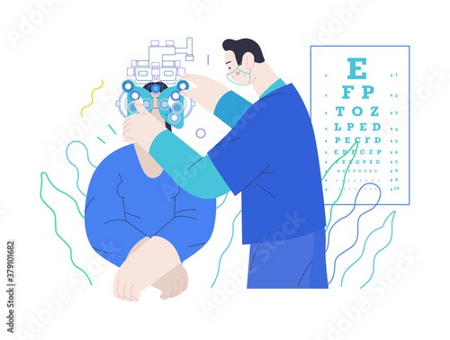 Medical tests template - c -modern flat vector concept digital illustration of eye test procedure -a female patient and a doctors with phoropter, ophthalmologic office