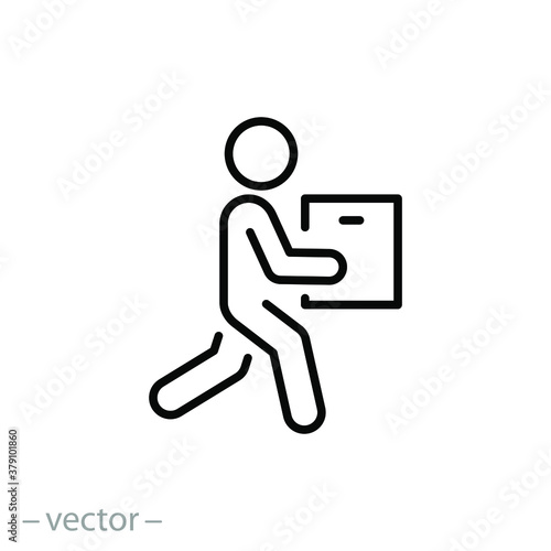 courier delivery concept, icon, moving man with box, person holding in hand package, thin line simple web symbol on white background