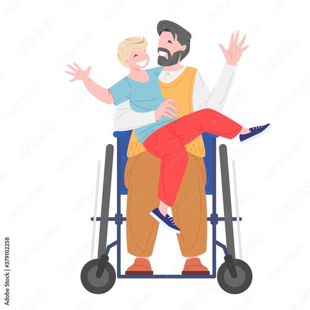 Man in a wheelchair hugs his son Man in a wheelchair hugs his son