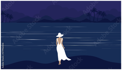 Woman in white dress looking in the sea at night vector illustration. Loneliness, sadness and depression concept 