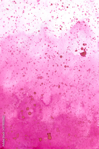 Abstract pink background with stars. Color splashing on paper. Aquarelle texture. Handmade original wallpaper. Beautiful pink and white creative print. Cosmic texture. Original watercolor art.