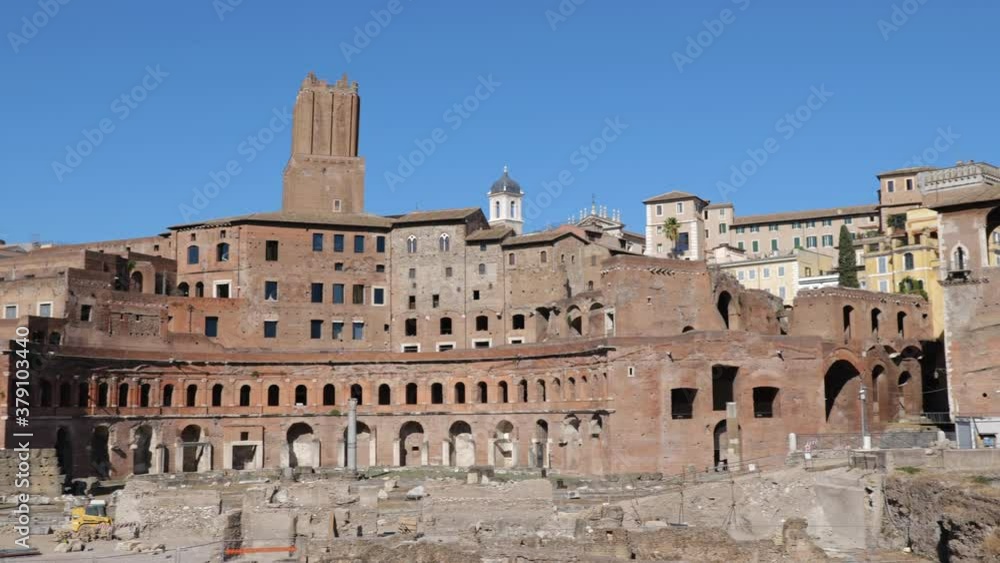 Ancient city of Rome in Italy, Trajan Forum and Market ruins, panning to right in 4k Ancient city of Rome in Italy, Trajan Forum and Market ruins, panning to right in 4k