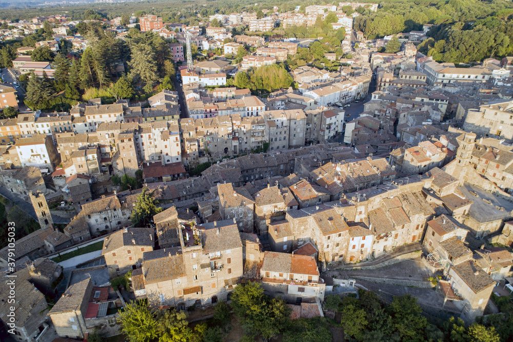 Aerial view of Ronciglione a village in Viterbo. Street houses and a beautiful landscape