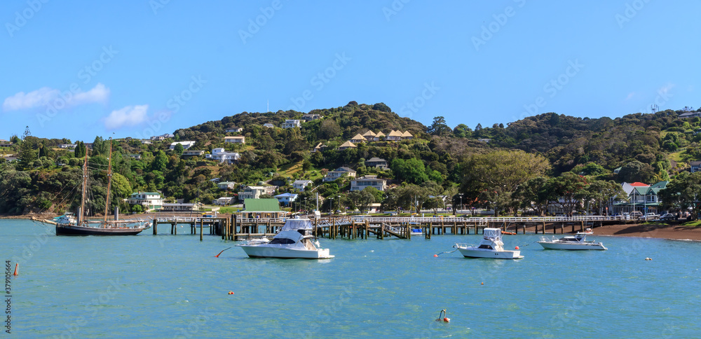 Panoramic view of Russell, a tourist town in the Bay of Islands, New Zealand, from the water