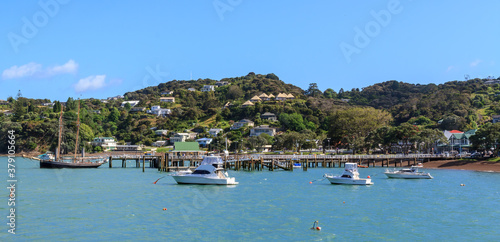 Panoramic view of Russell, a tourist town in the Bay of Islands, New Zealand, from the water