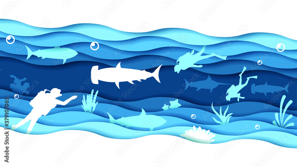 Abstract Paper Cut Divers And Sharks Fish Swim On Water White Background Vector Design Style