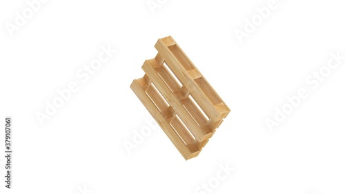 3D animation of one empty wooden pallet rotates on an edge isolated on a white background. Alpha channel. 4K resolution.