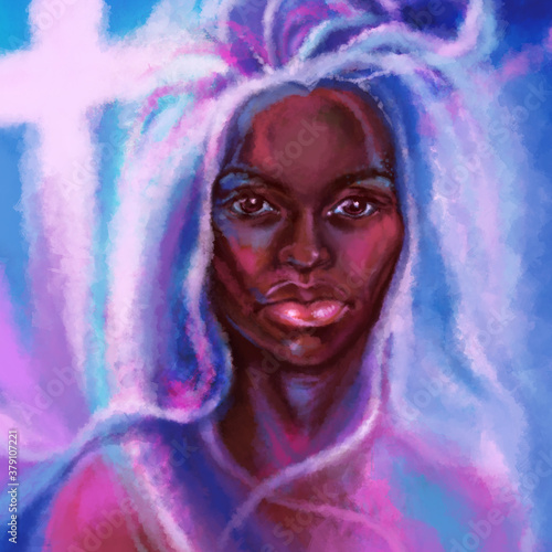 Fototapeta Naklejka Na Ścianę i Meble -  Digital drawing of beautiful African American girl face. Wall Art character. African woman portrait with dreadlocks. Imitation of oil painting. Vibrant color