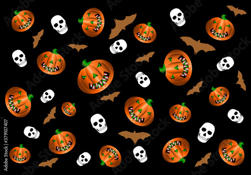 Papel de regalo de Halloween con calabazas, calaveras y murciélagos sobre fondo negro